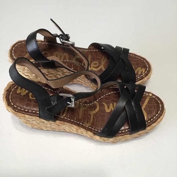 Sam Edelman raffia wedge platform black leather 9.5 new without tags NWOT - Picture 2 of 4